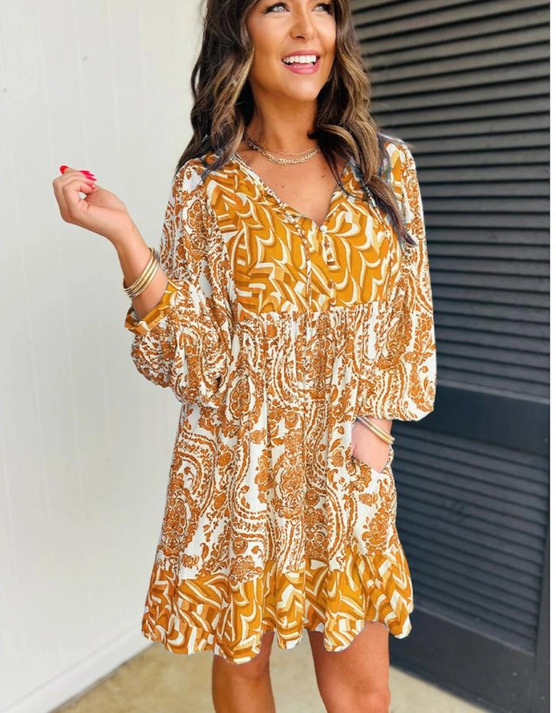 Orange Bohemian Print Puff Sleeve Tied V Neck Flared Mini Dress