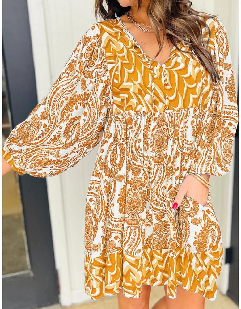 Orange Bohemian Print Puff Sleeve Tied V Neck Flared Mini Dress