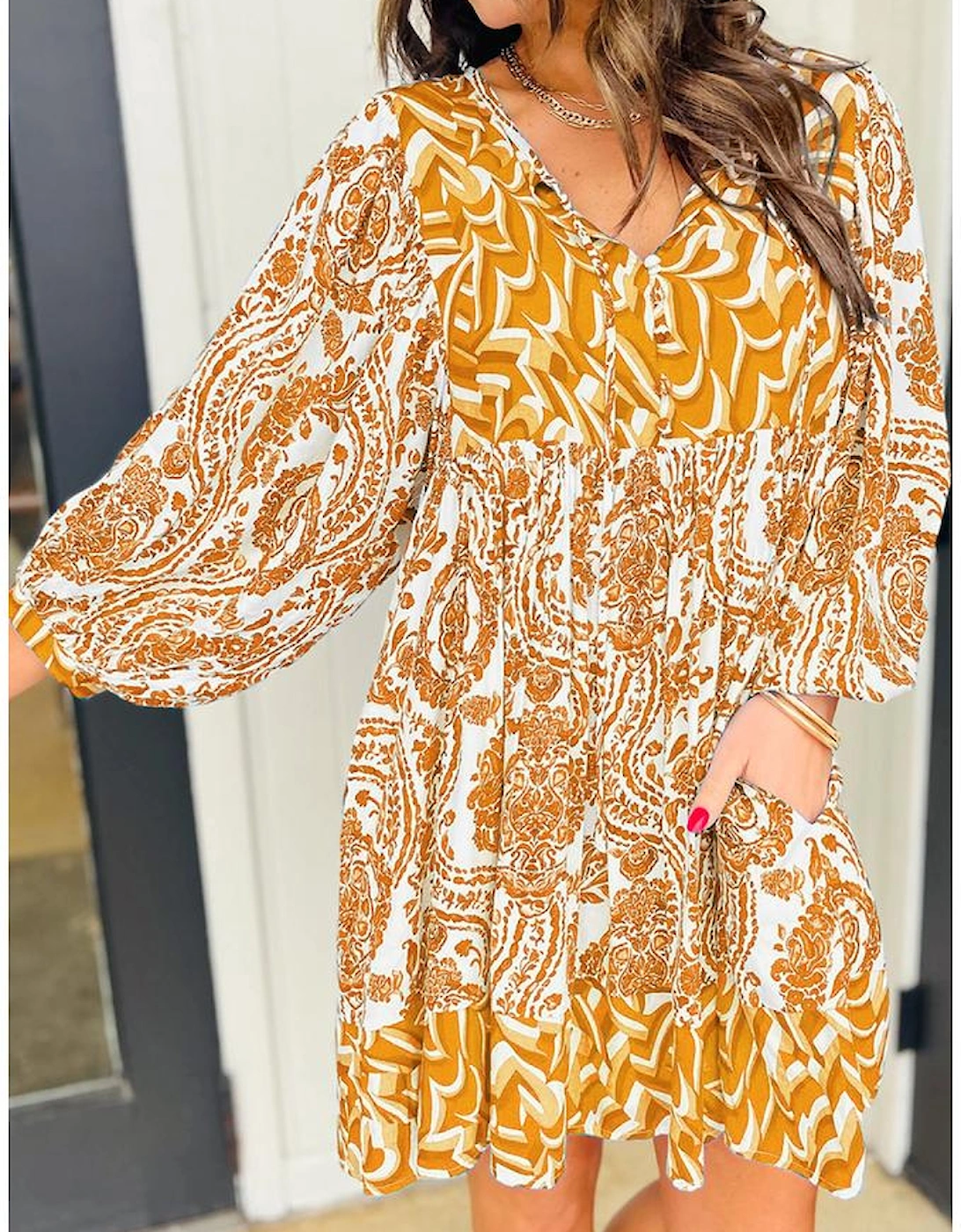 Orange Bohemian Print Puff Sleeve Tied V Neck Flared Mini Dress