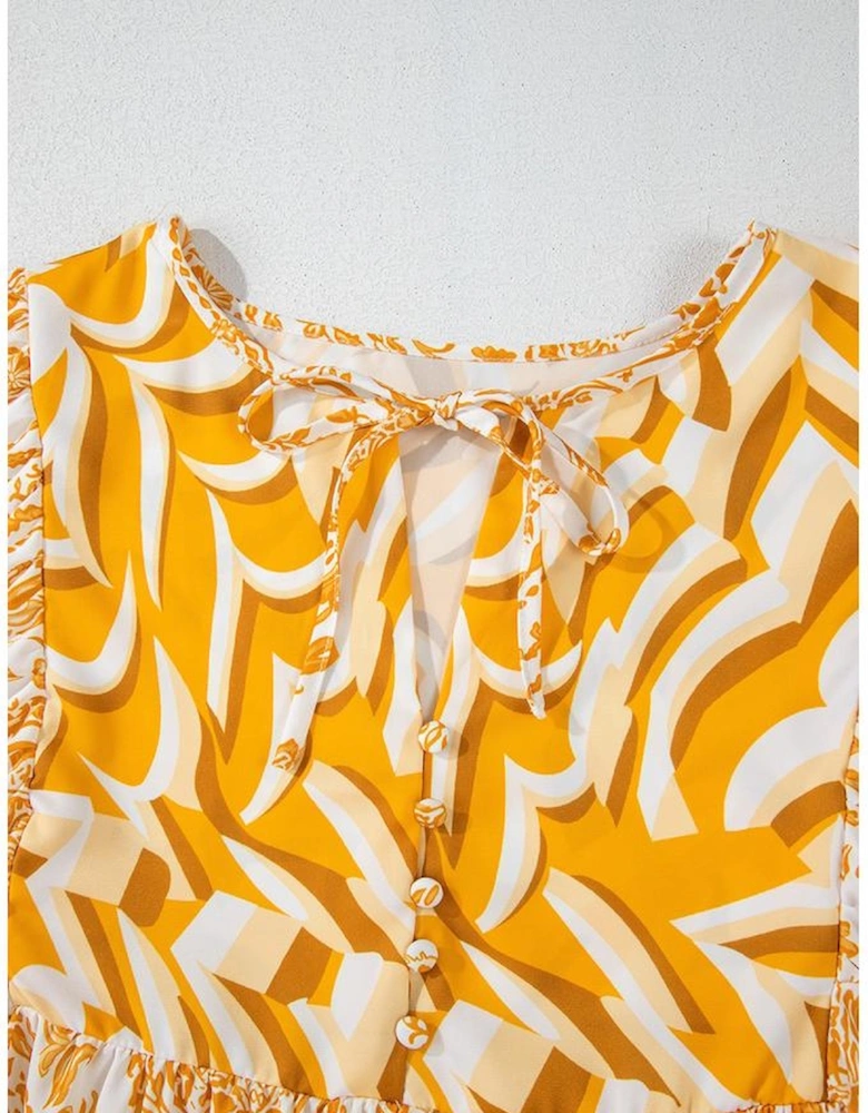 Orange Bohemian Print Puff Sleeve Tied V Neck Flared Mini Dress