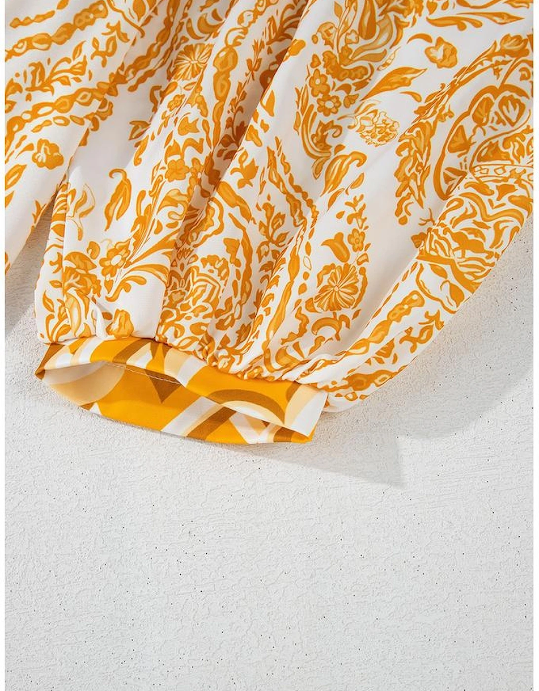 Orange Bohemian Print Puff Sleeve Tied V Neck Flared Mini Dress