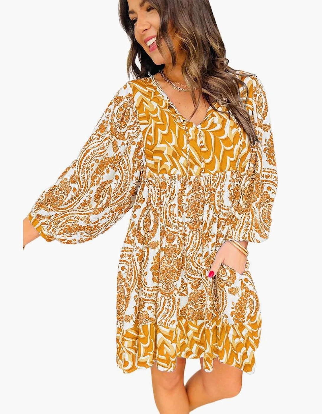 Orange Bohemian Print Puff Sleeve Tied V Neck Flared Mini Dress