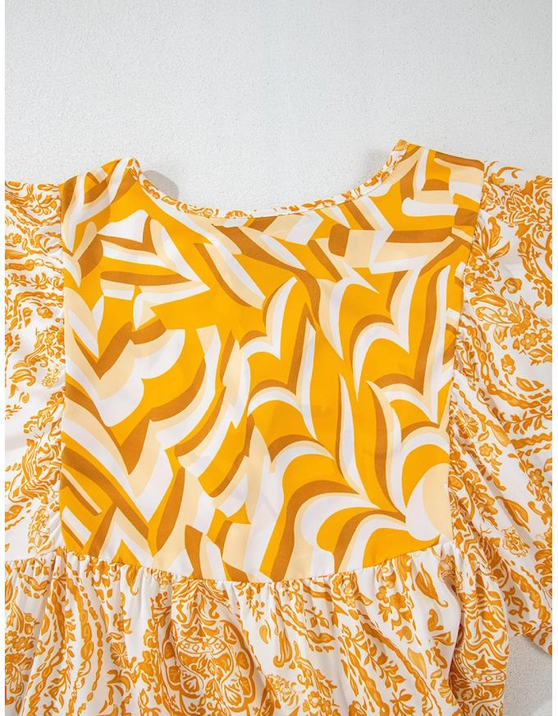 Orange Bohemian Print Puff Sleeve Tied V Neck Flared Mini Dress