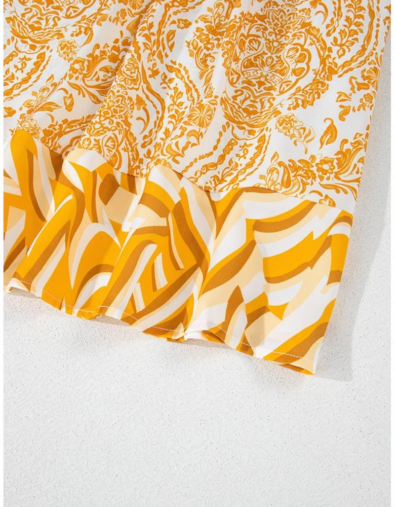 Orange Bohemian Print Puff Sleeve Tied V Neck Flared Mini Dress