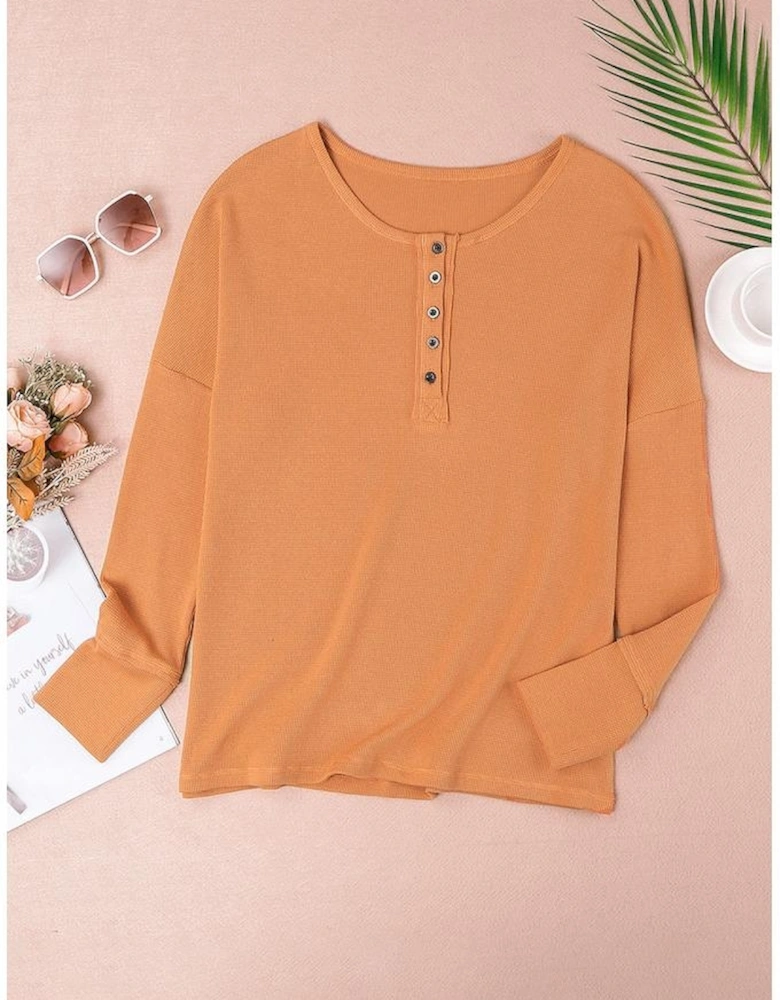 Orange Waffle Knit Henley Top
