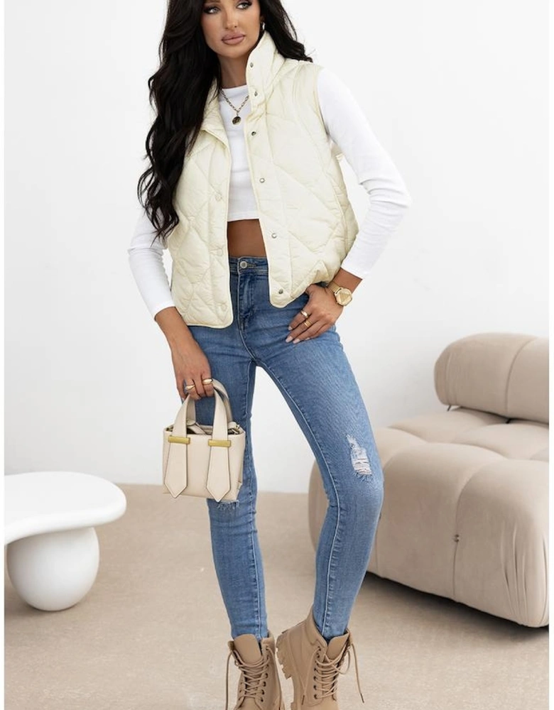 Beige Quilted High Neck Button Up Pocket Vest Coat