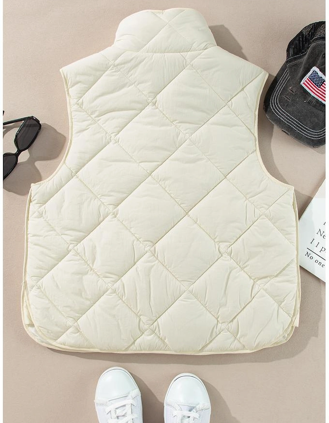 Beige Quilted High Neck Button Up Pocket Vest Coat