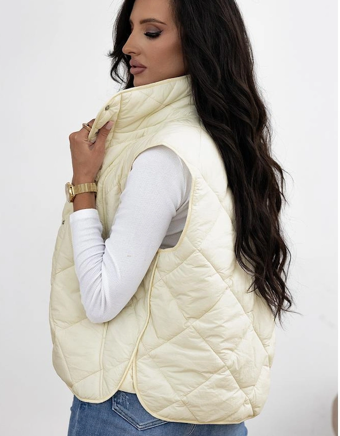 Beige Quilted High Neck Button Up Pocket Vest Coat