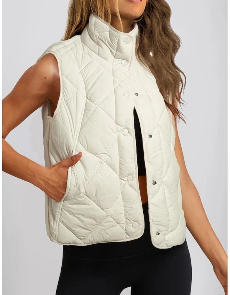 Beige Quilted High Neck Button Up Pocket Vest Coat
