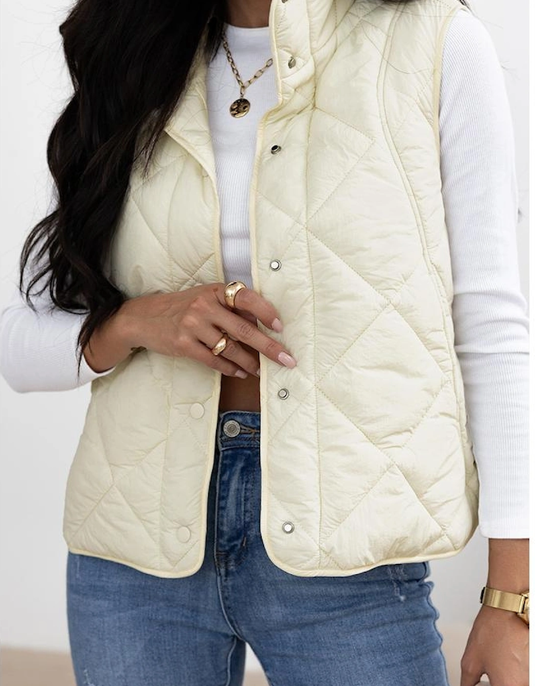 Beige Quilted High Neck Button Up Pocket Vest Coat