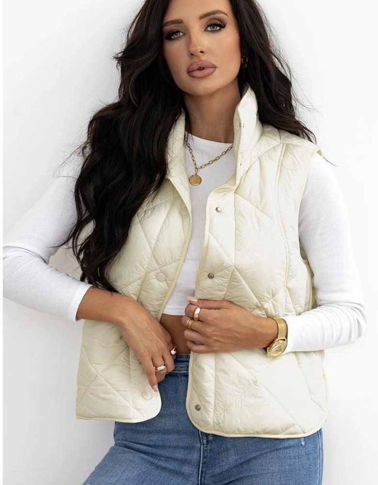 Beige Quilted High Neck Button Up Pocket Vest Coat
