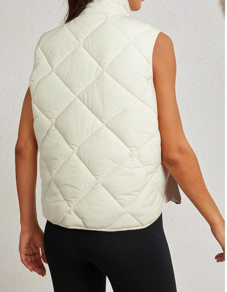 Beige Quilted High Neck Button Up Pocket Vest Coat