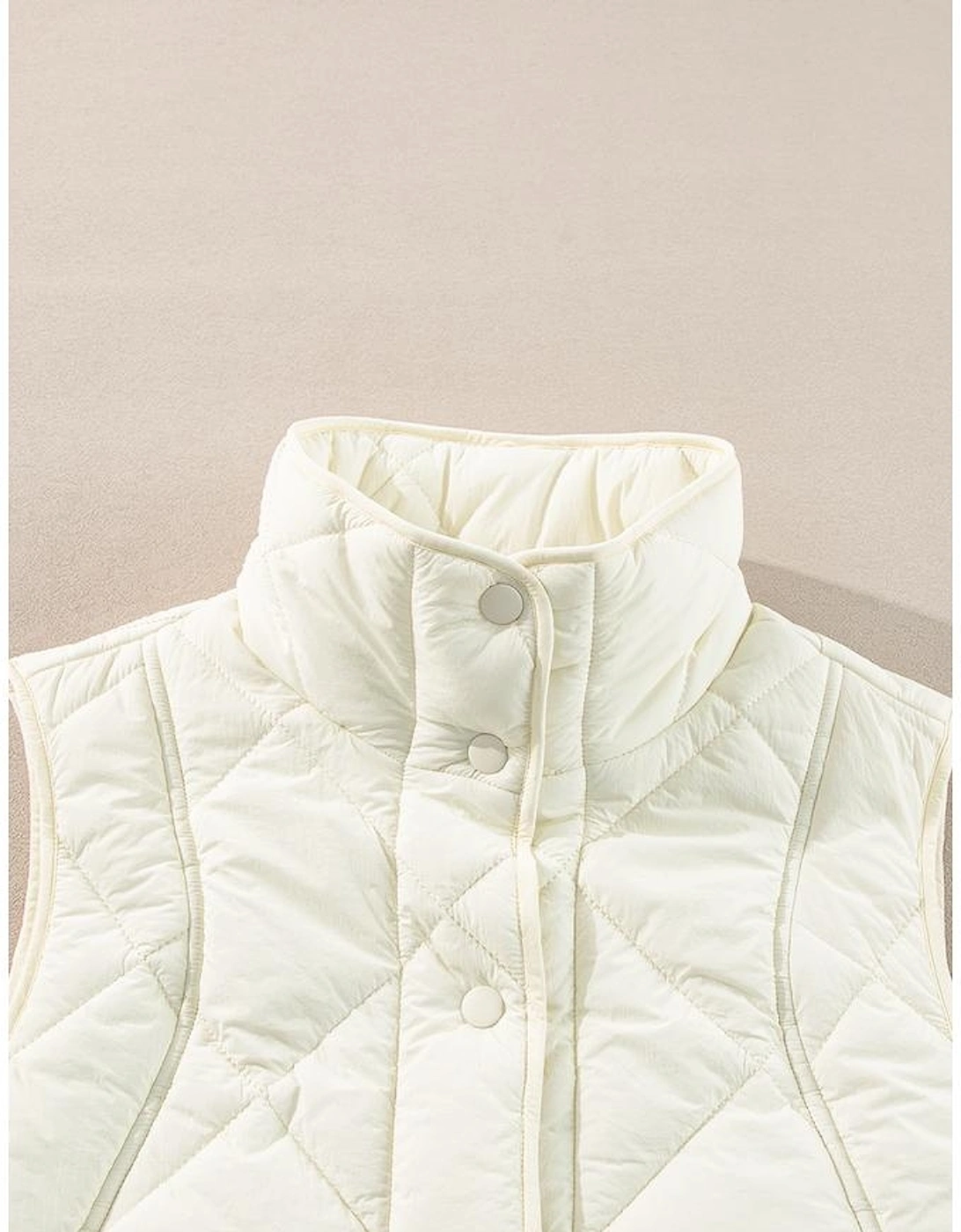 Beige Quilted High Neck Button Up Pocket Vest Coat