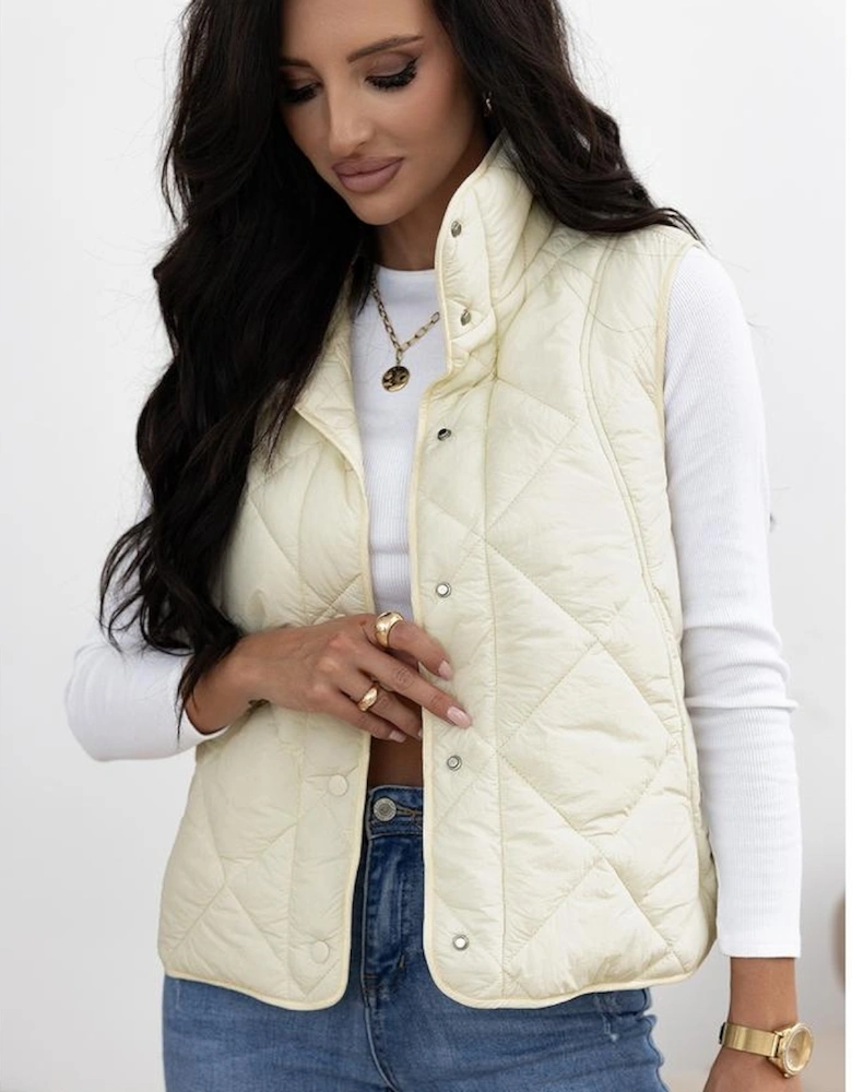 Beige Quilted High Neck Button Up Pocket Vest Coat