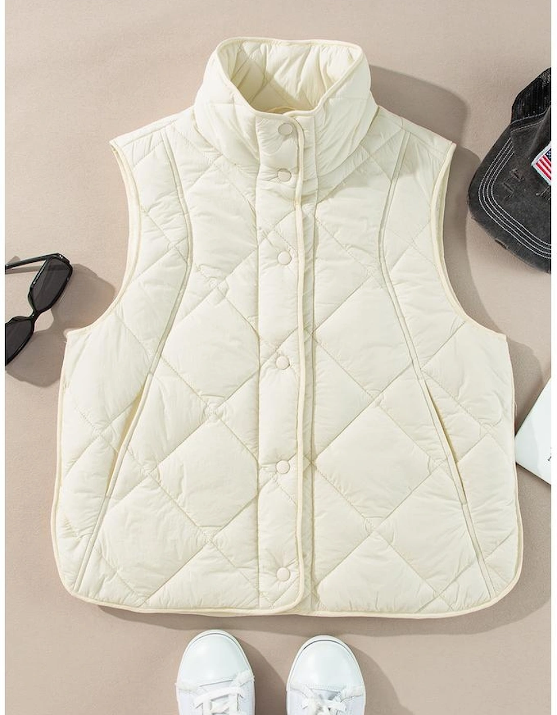 Beige Quilted High Neck Button Up Pocket Vest Coat