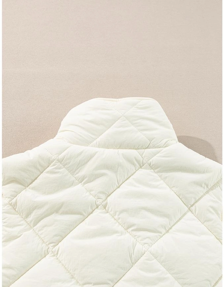 Beige Quilted High Neck Button Up Pocket Vest Coat