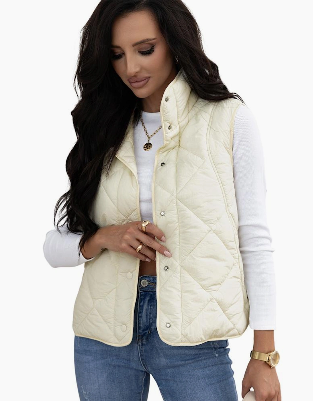 Beige Quilted High Neck Button Up Pocket Vest Coat