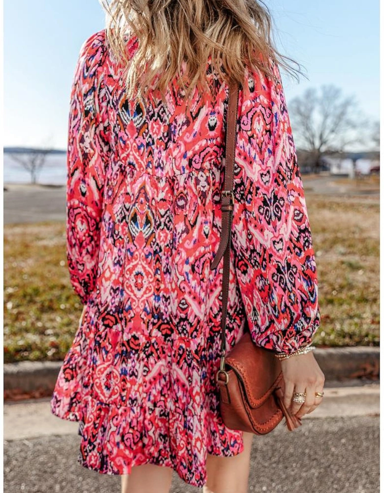 Rose Abstract Printed Tassel Tied Neck Long Sleeve Ruffled Mini Dress