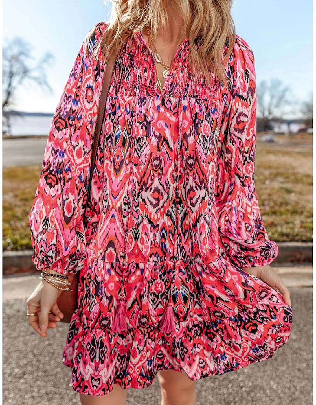 Rose Abstract Printed Tassel Tied Neck Long Sleeve Ruffled Mini Dress