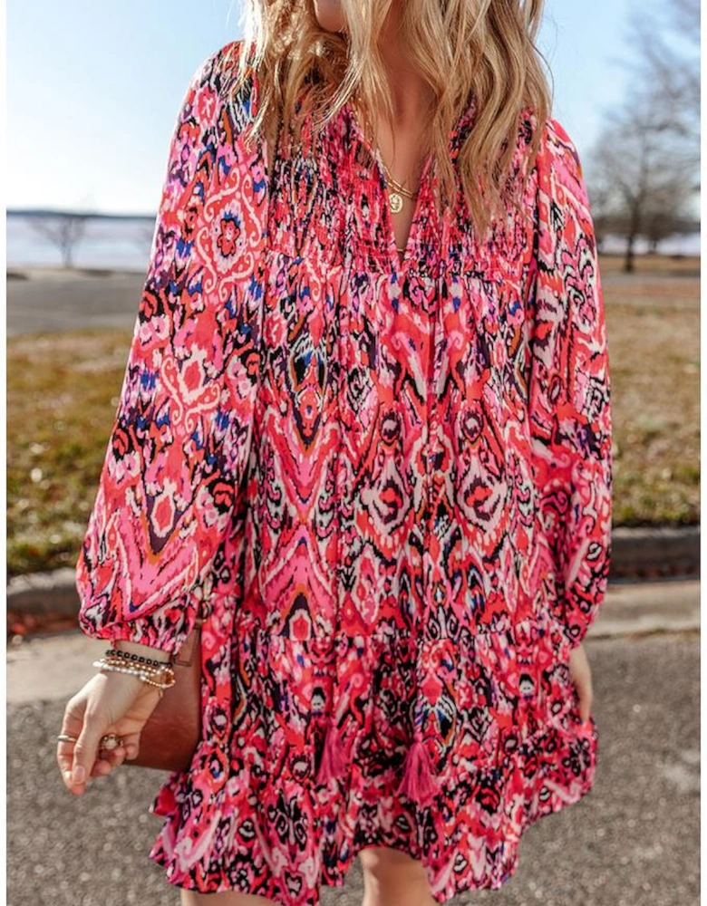 Rose Abstract Printed Tassel Tied Neck Long Sleeve Ruffled Mini Dress