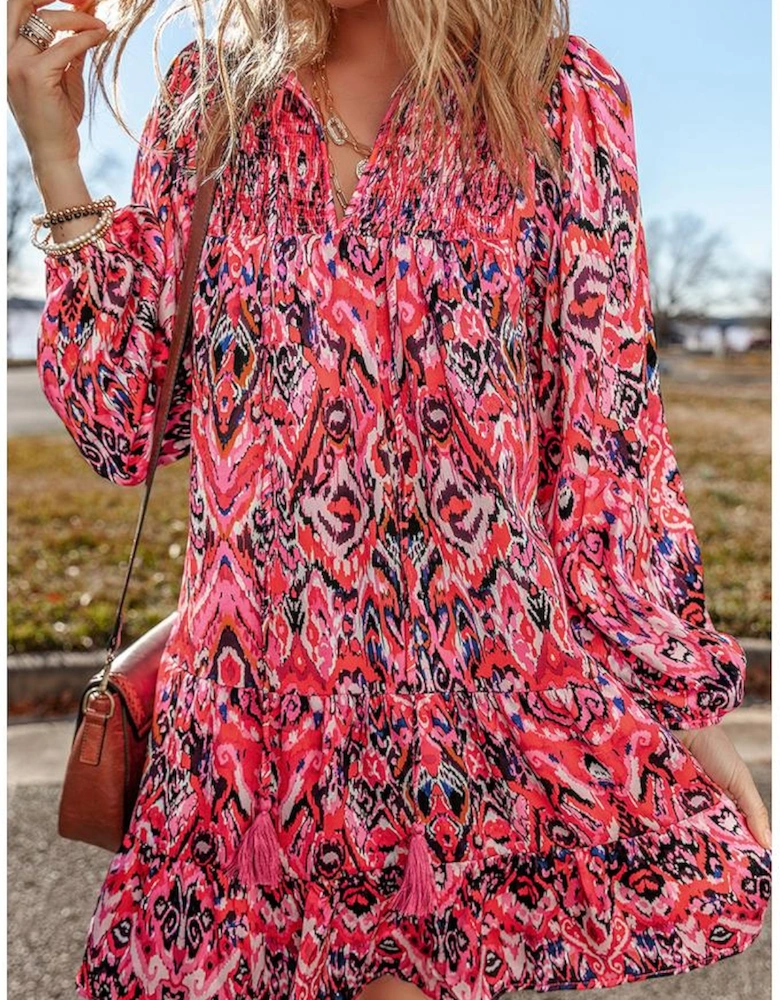 Rose Abstract Printed Tassel Tied Neck Long Sleeve Ruffled Mini Dress