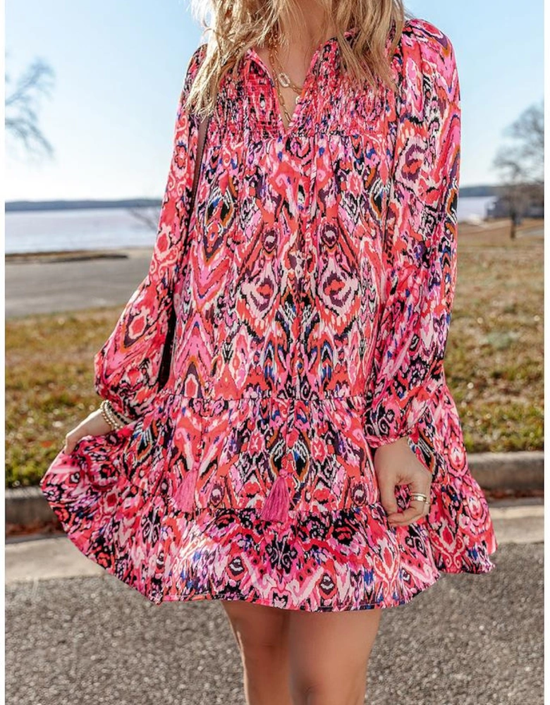 Rose Abstract Printed Tassel Tied Neck Long Sleeve Ruffled Mini Dress