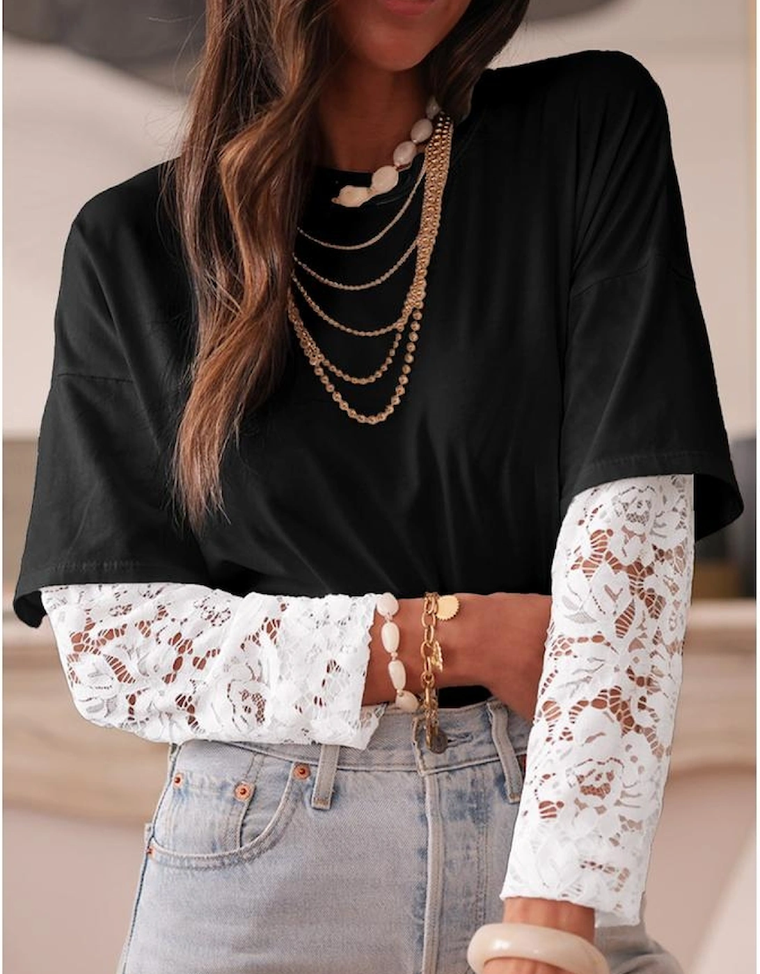 Black Lace Long Sleeve Insert Drop Shoulder Tee