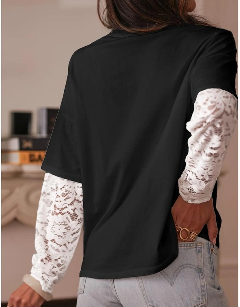 Black Lace Long Sleeve Insert Drop Shoulder Tee