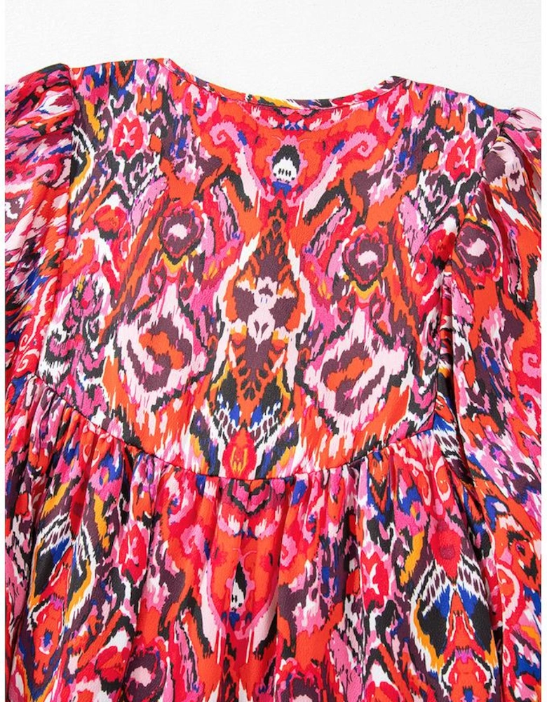 Rose Abstract Printed Tassel Tied Neck Long Sleeve Ruffled Mini Dress