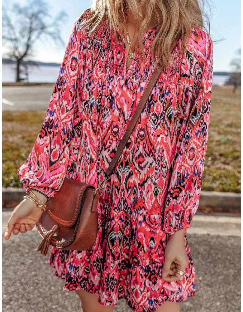 Rose Abstract Printed Tassel Tied Neck Long Sleeve Ruffled Mini Dress