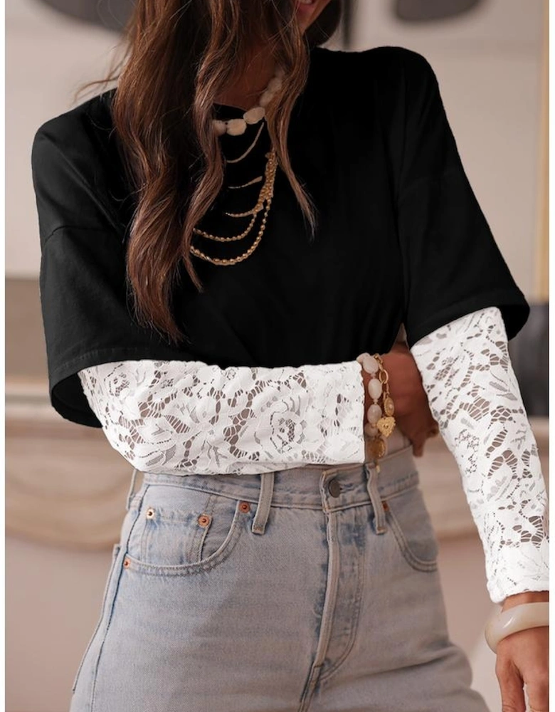 Black Lace Long Sleeve Insert Drop Shoulder Tee
