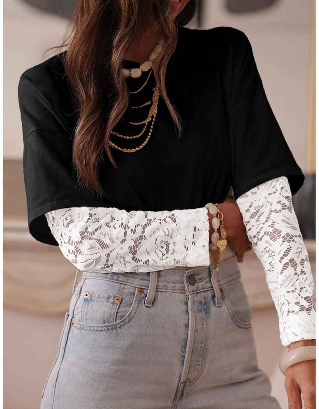 Black Lace Long Sleeve Insert Drop Shoulder Tee