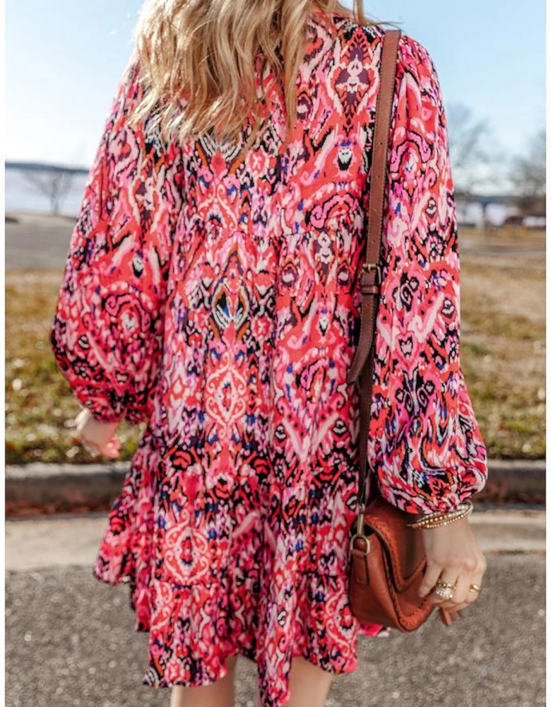 Rose Abstract Printed Tassel Tied Neck Long Sleeve Ruffled Mini Dress