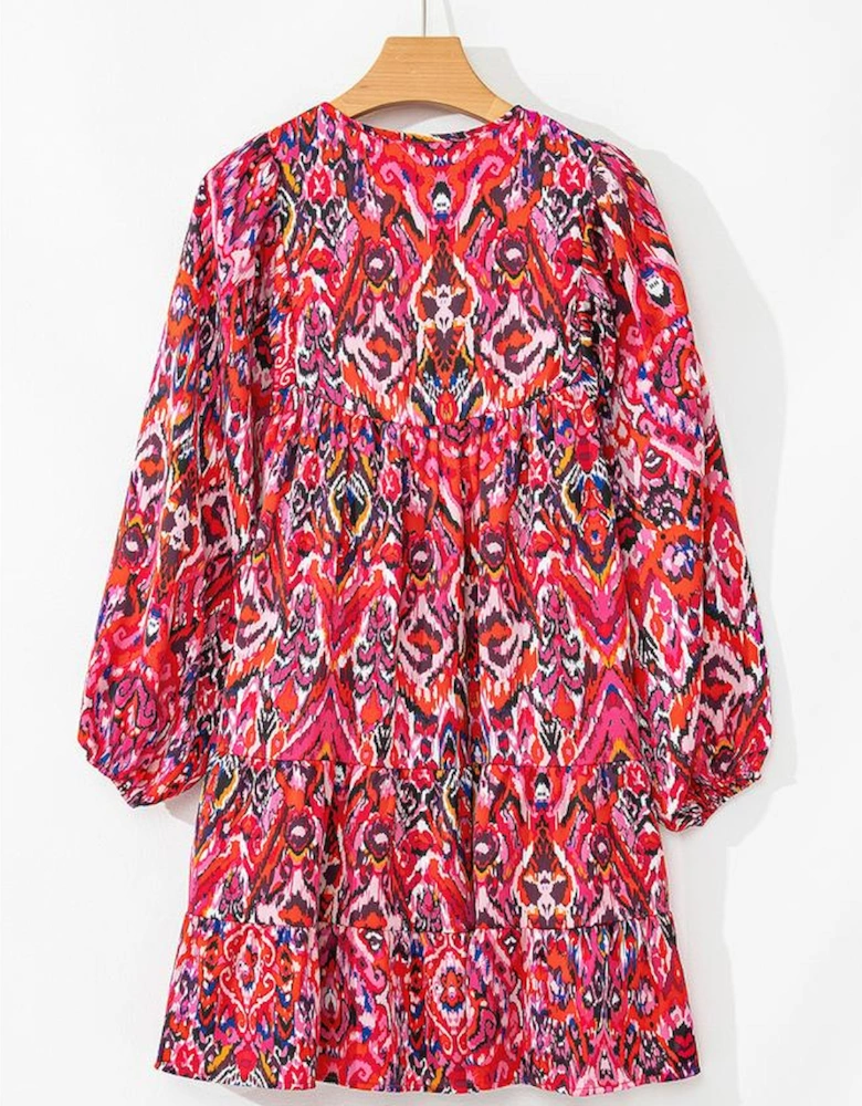 Rose Abstract Printed Tassel Tied Neck Long Sleeve Ruffled Mini Dress