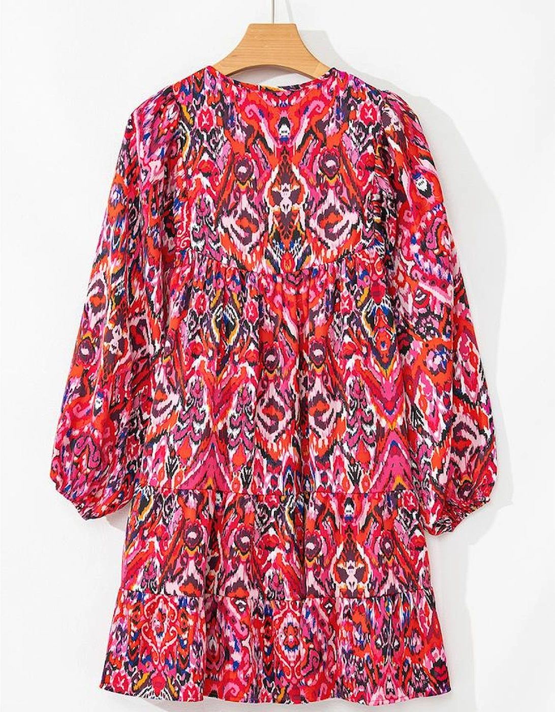Rose Abstract Printed Tassel Tied Neck Long Sleeve Ruffled Mini Dress