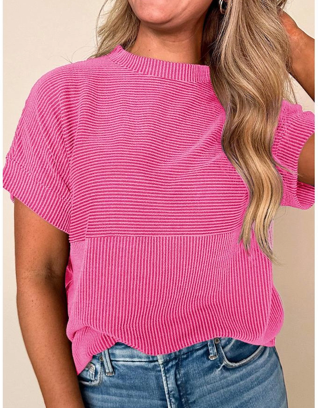 Bright Pink Plain Corded Knit Mock Neck T Shirt