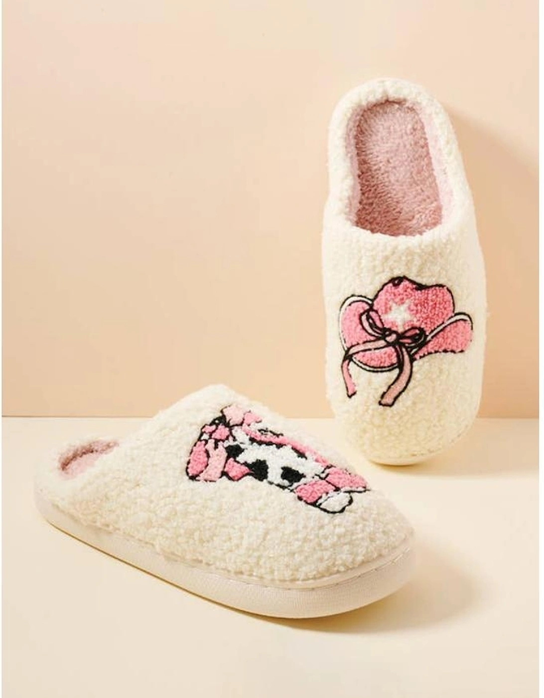 White Cowgirl Hat & Boot Printed Plush Thermal Home Slippers, 5 of 4