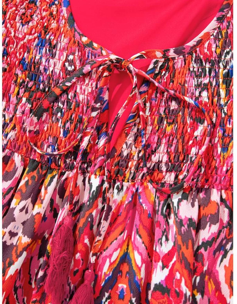 Rose Abstract Printed Tassel Tied Neck Long Sleeve Ruffled Mini Dress