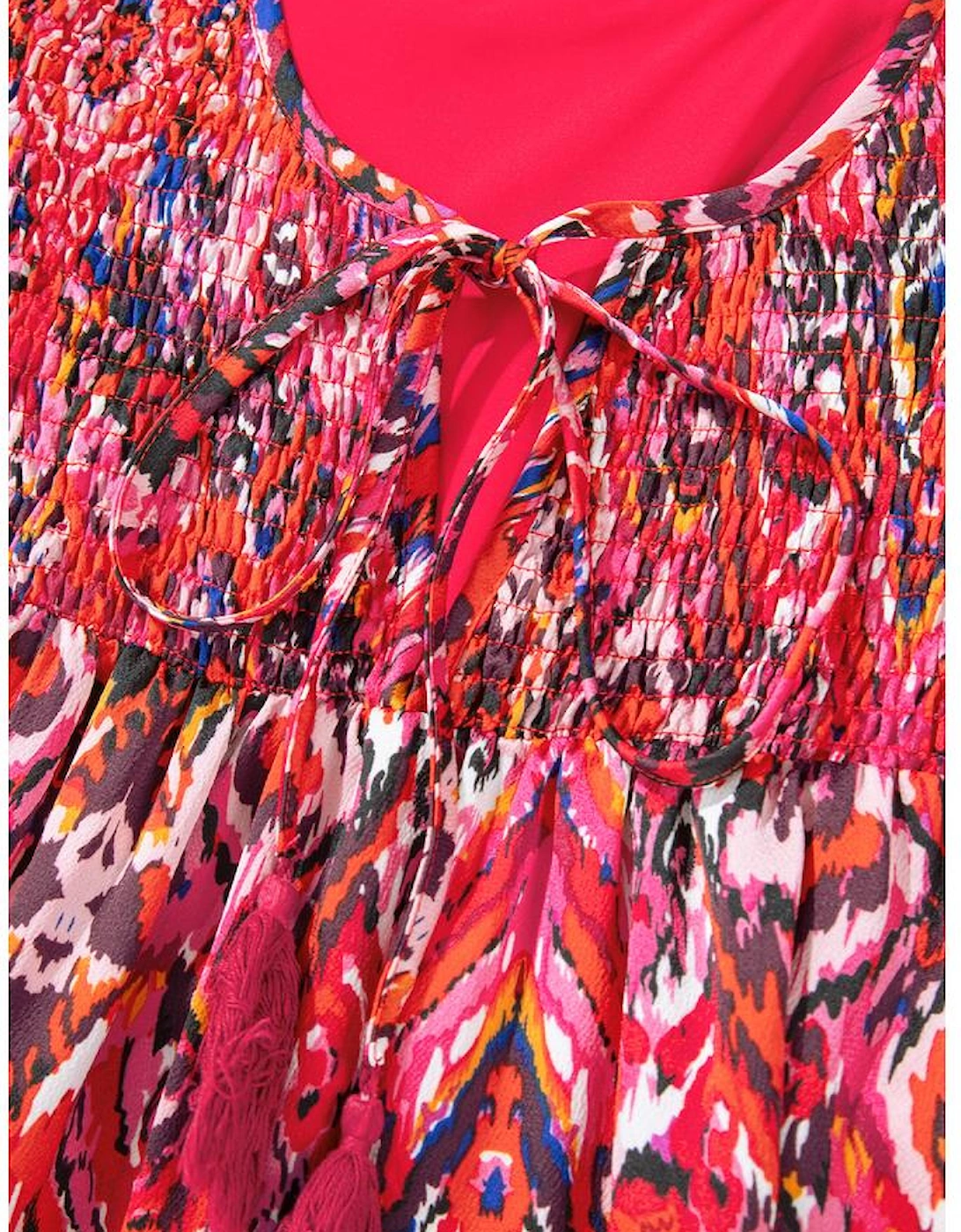 Rose Abstract Printed Tassel Tied Neck Long Sleeve Ruffled Mini Dress