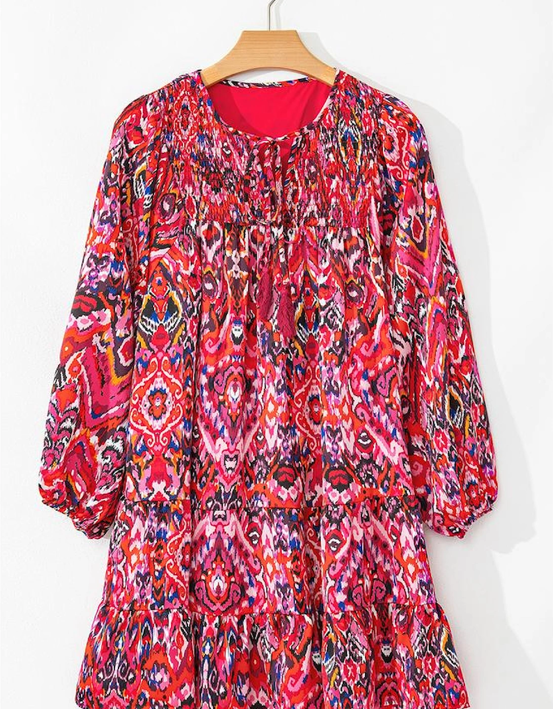 Rose Abstract Printed Tassel Tied Neck Long Sleeve Ruffled Mini Dress