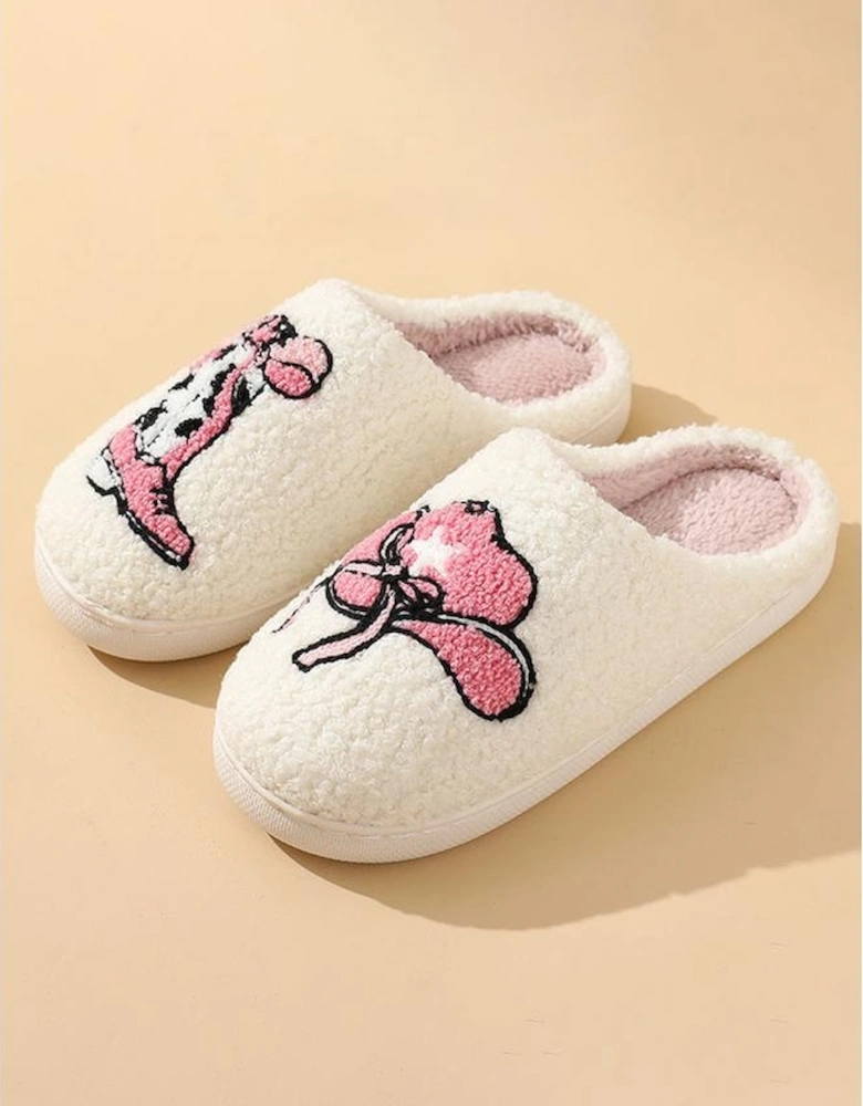 White Cowgirl Hat & Boot Printed Plush Thermal Home Slippers