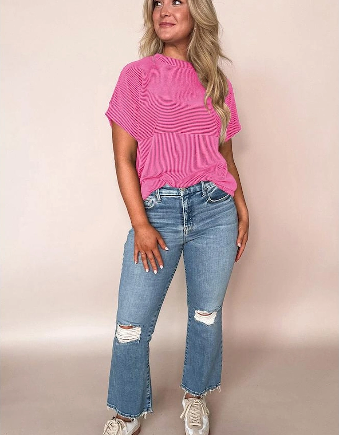 Bright Pink Plain Corded Knit Mock Neck T Shirt