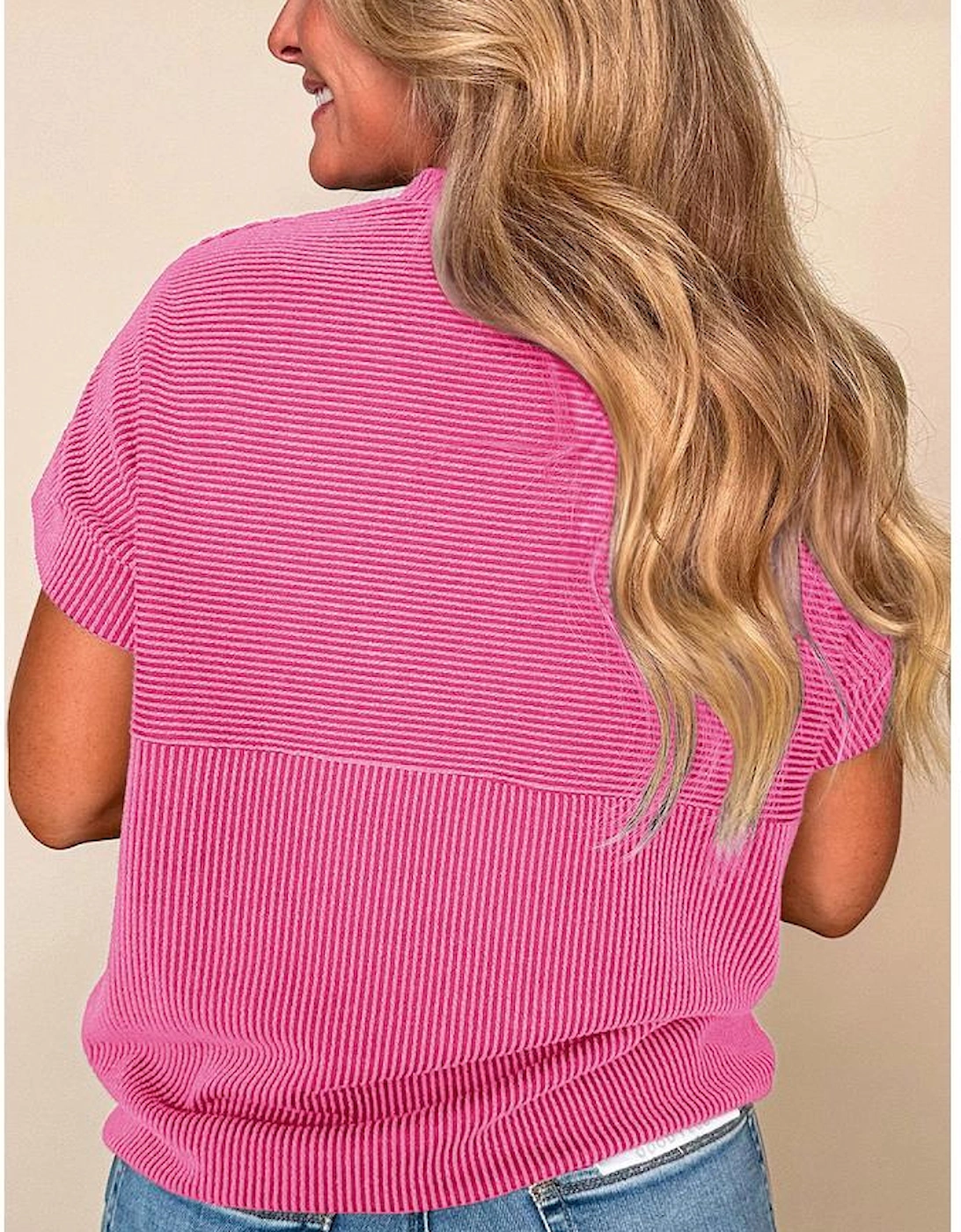 Bright Pink Plain Corded Knit Mock Neck T Shirt, 4 of 3