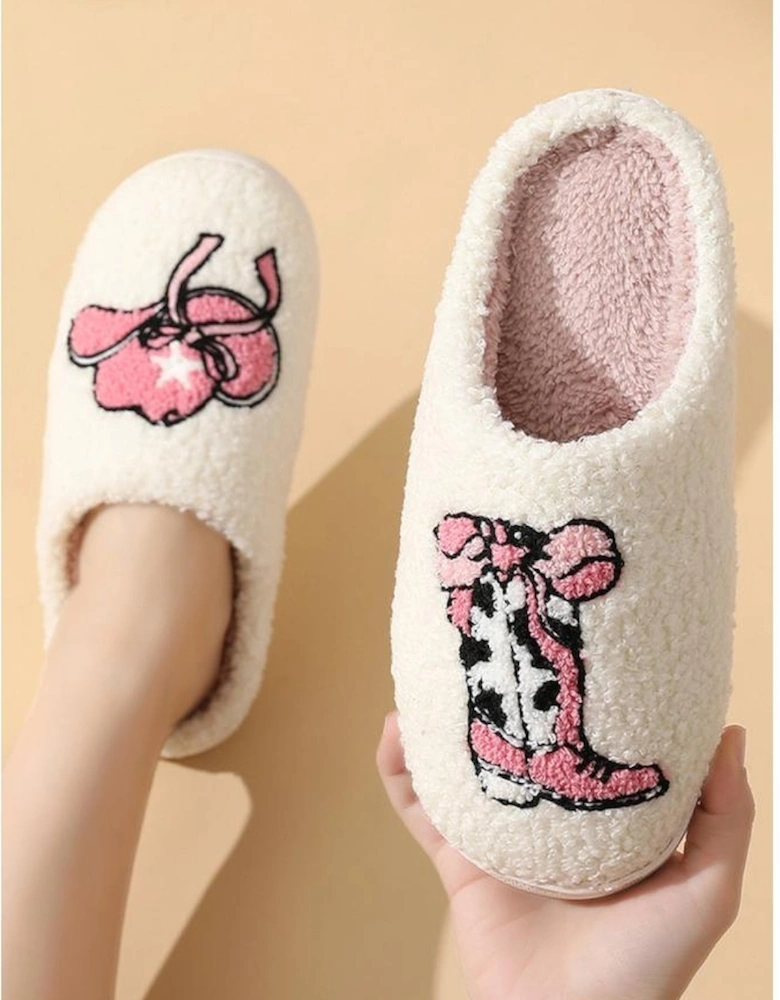 White Cowgirl Hat & Boot Printed Plush Thermal Home Slippers