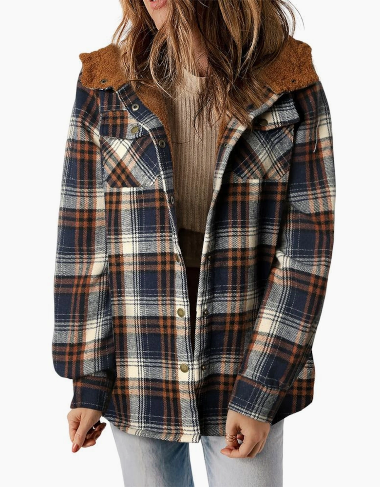 Plaid Pattern Sherpa Lined Hooded Shacket