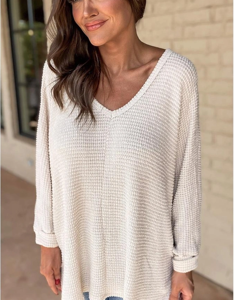 White Waffle Knit Side Slits Loose Fit V Neck Top