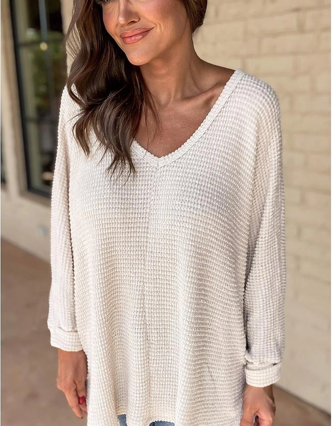 White Waffle Knit Side Slits Loose Fit V Neck Top