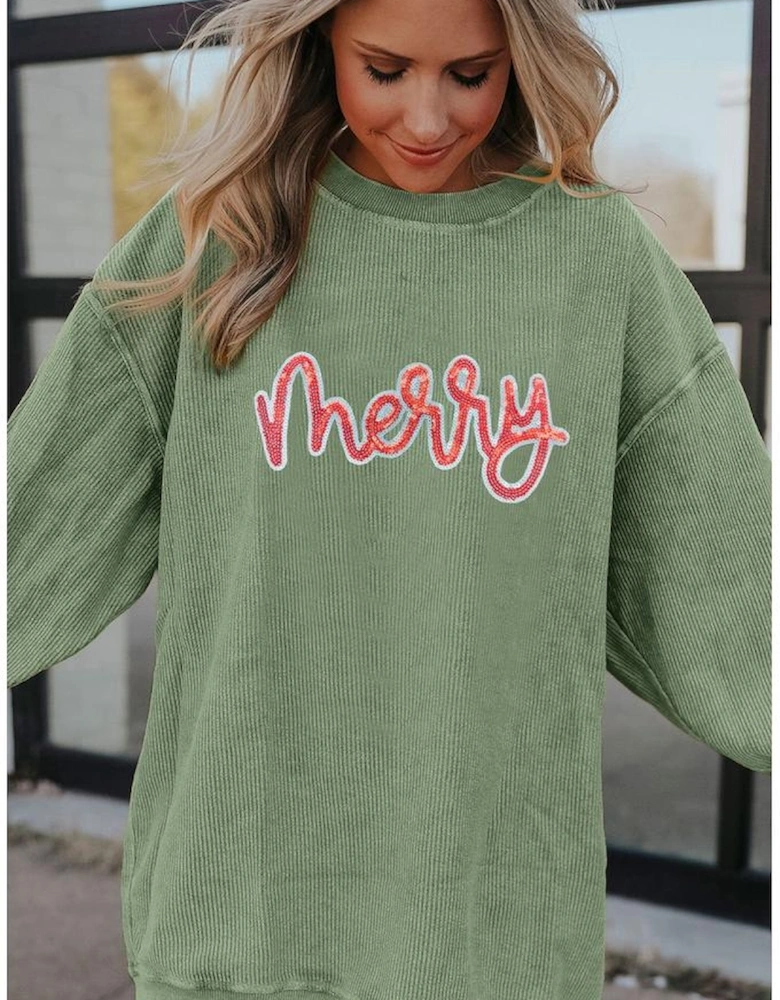 Grass Green Sequined merry Letter Graphic Twisted Ribbed Baggy Sweatshirt