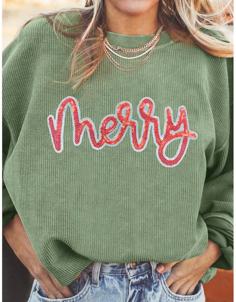 Grass Green Sequined merry Letter Graphic Twisted Ribbed Baggy Sweatshirt