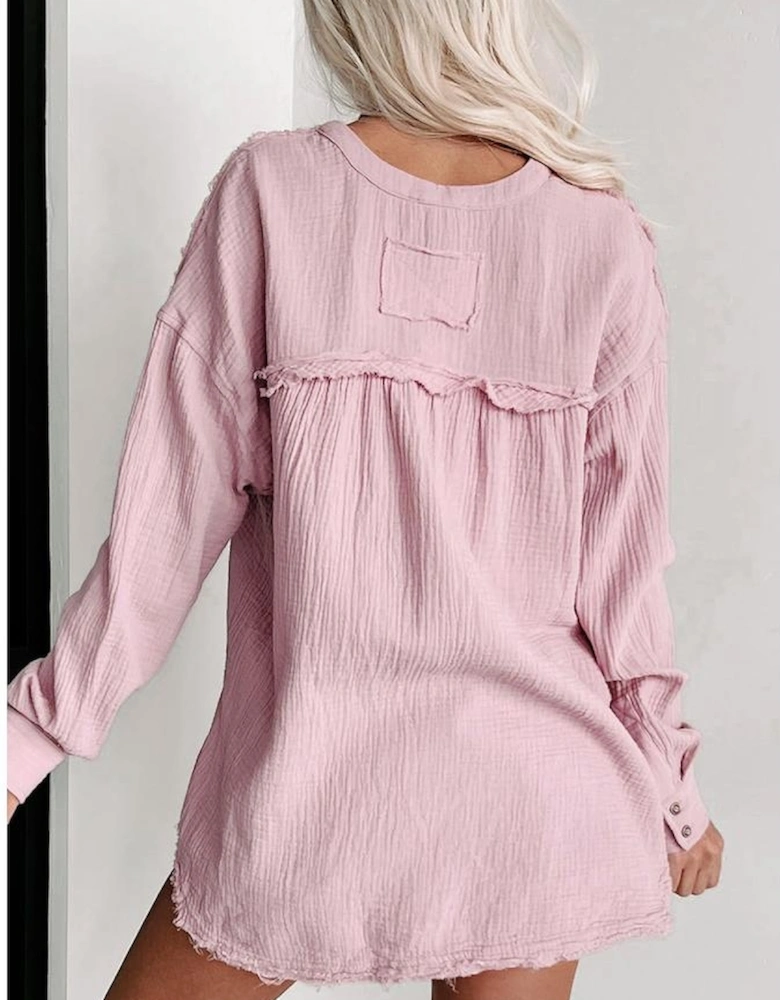 Azura Exchange Pink Crinkle Long Sleeve Distressed Split Henley Top